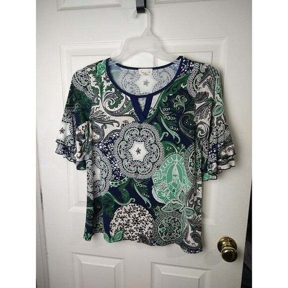 Emi & Joe Short Ruffle Sleeve V Neck Art To Wear Blouse. Size S - Picture 1 of 9